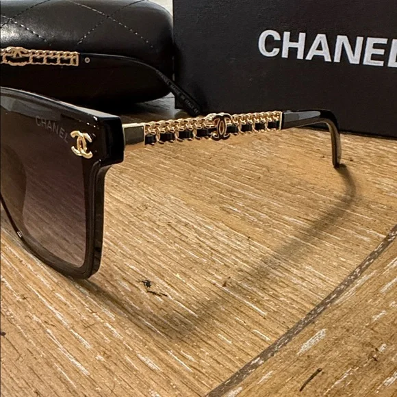Chanel Black & Gold Leather Sunglasses - Picture 6 of 10